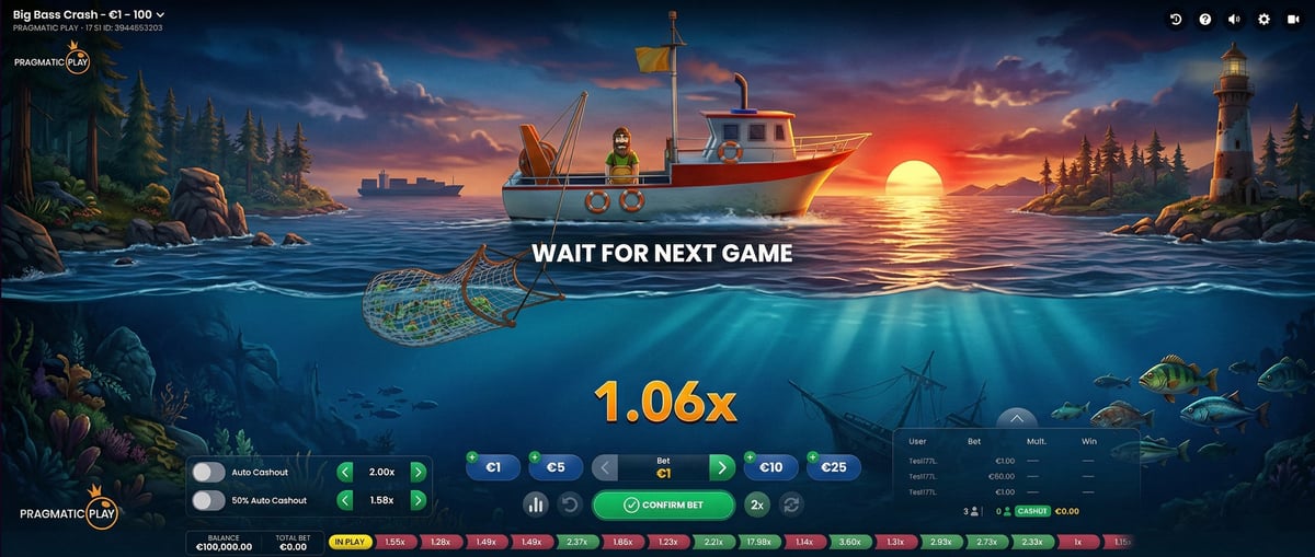 Big Bass Crash game interface showing the multiplier rising with a fishing theme
